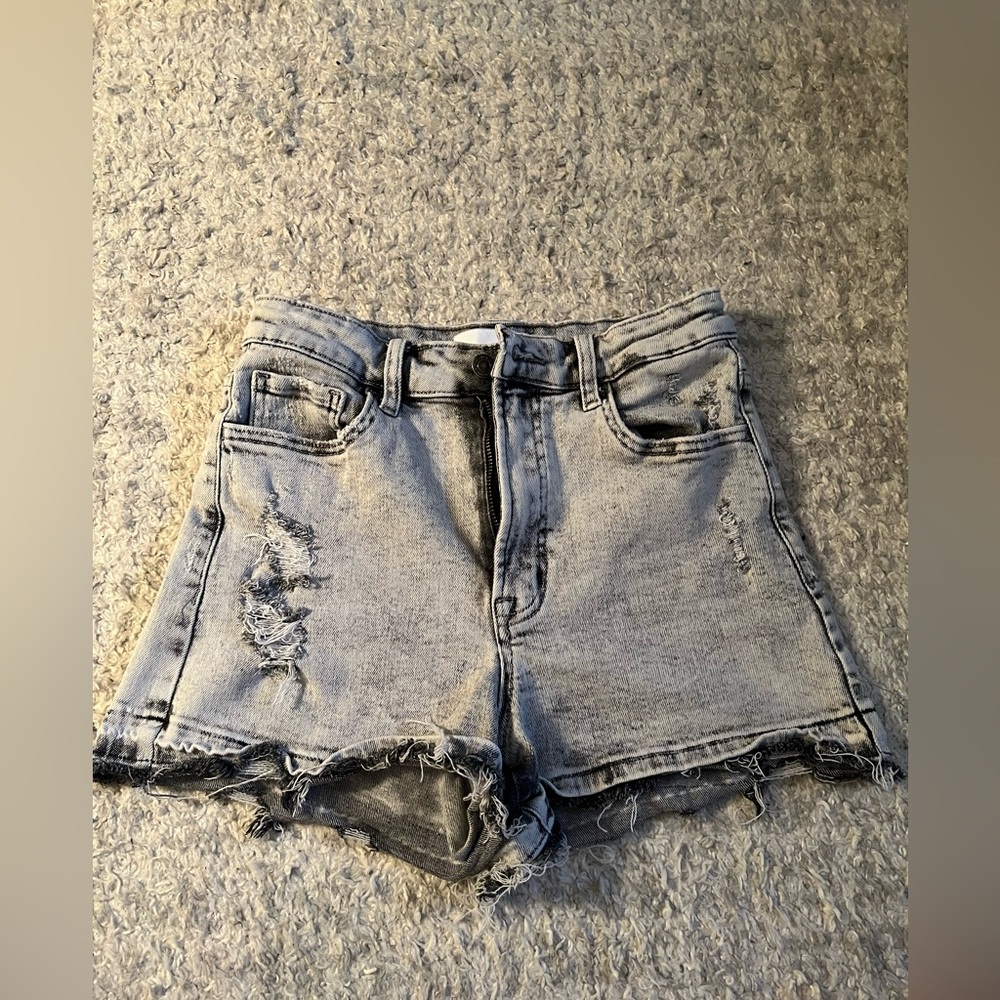 Distressed stone wash high-waisted shorts